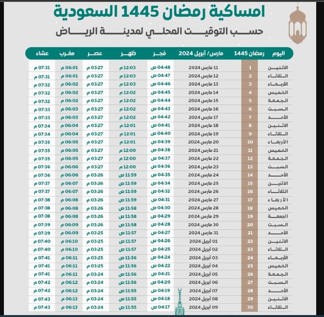 امساكية شهر رمضان 2024 بالمملكة