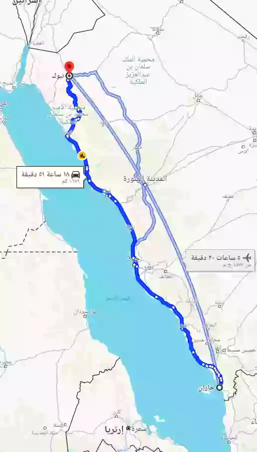 كم ساعة سفر بالسيارة والطائرة من جازان الى تبوك وكم المسافة بينهم؟ 